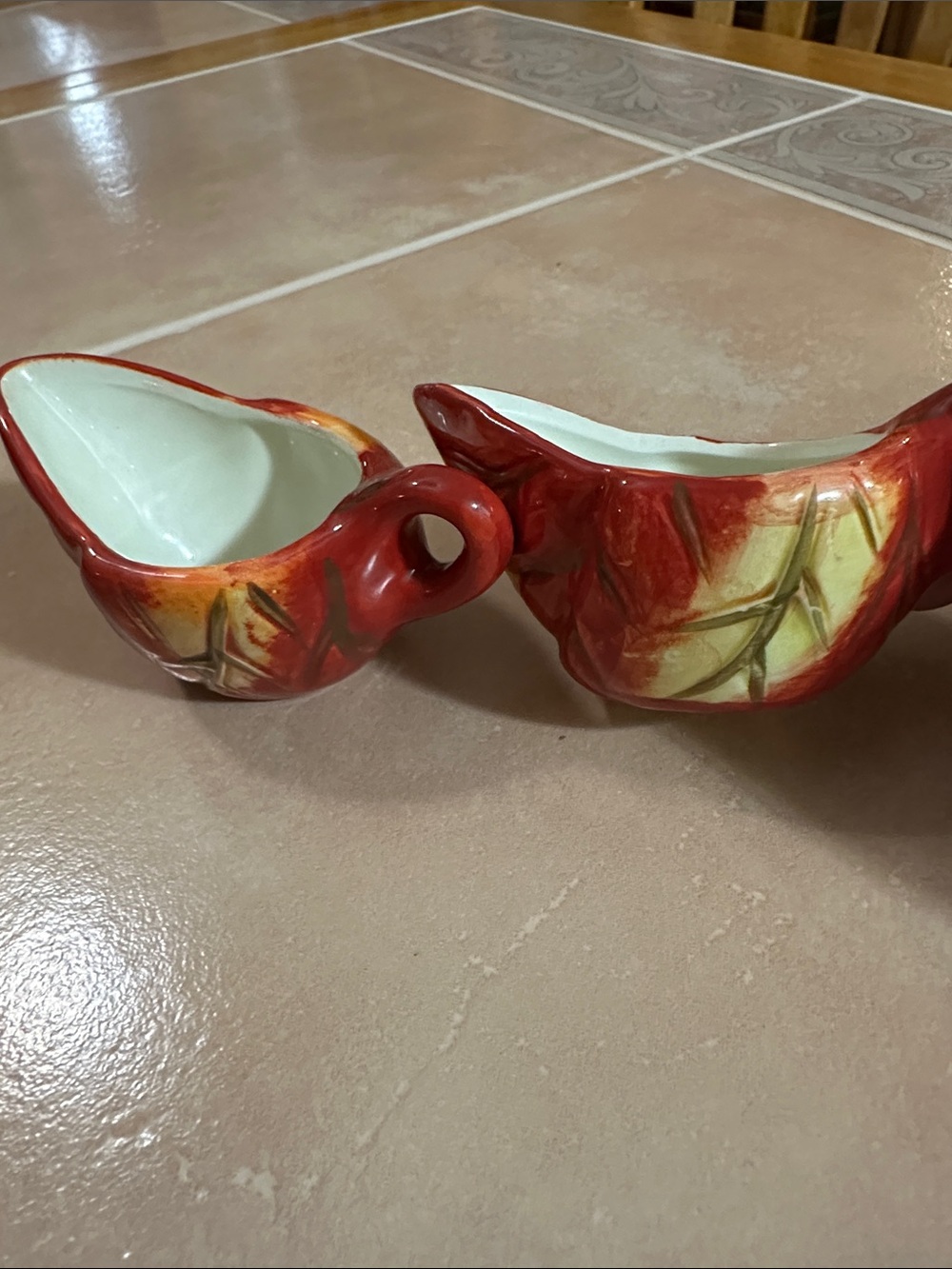 2 Hand-Painted Red Ceramic Creamer and Sugar Set - Decorative Home Art